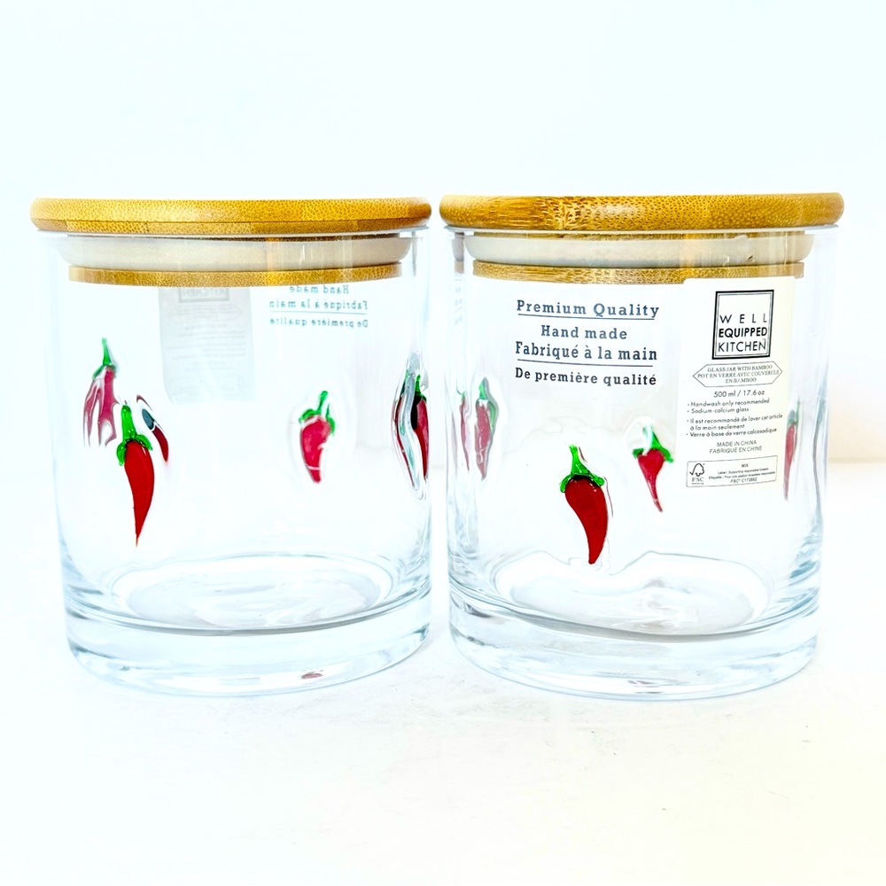 Set of 2 NWT Handblown Glass Storage Jars Bamboo Lids – Red Chili Pepper Design